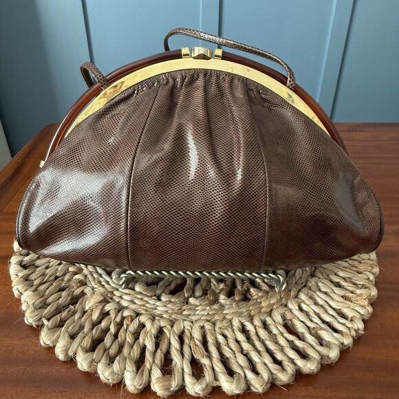 Fleur de Paris Handbags - Vintage Fleur de Paris Snake Skin Clutch Shoulder Bag Made In Spain Brown Gold